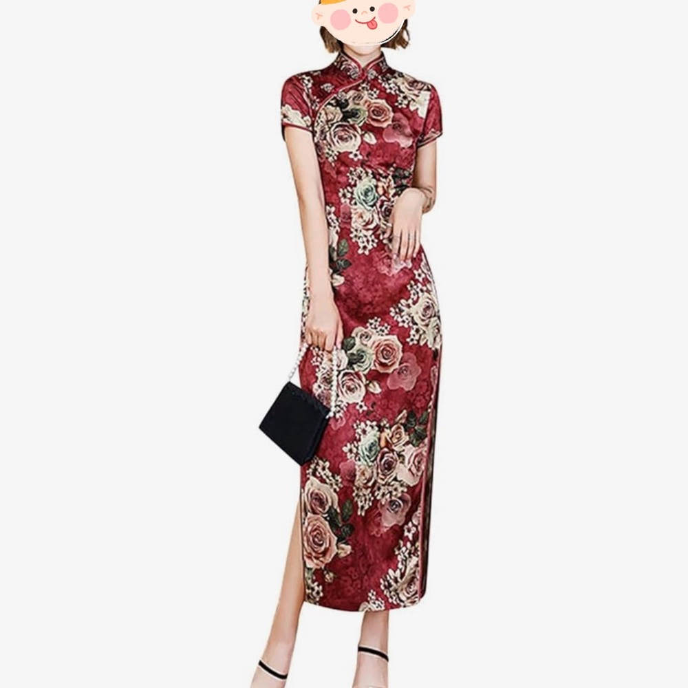 Floral Red Maxi Dress(Cheongsam)
